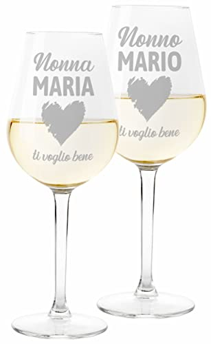 Colorfamily Coppia Calici Personalizzati Set da 2 calici Vino Ti voglio bene Nonno Nonna Personalizzabili con Nome Natale Compleanno Matrimonio Fidanzamento - Bicchiere in Vetro 500 ml
