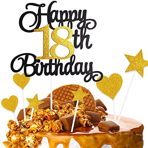 ZHIHUI Tortendeko 18 Geburtstag Schwarz&Golden Junge Mädchen, 7Stück 18.Kuchendeko Geburtstag, Happy 18 Birthday Deko Torte Kuchen Deko Cake Topper für 18 Geburstagstorte Deko Jungen Mädchen Mann Frau