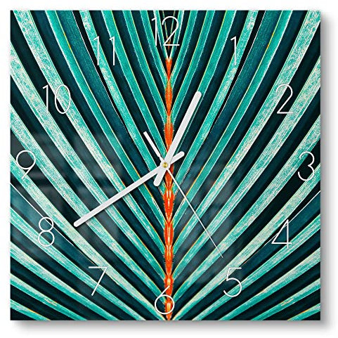 DEQORI Glasuhr | 30x30 cm | Motiv Palmenblatt-Streifen | ausgefallene leise Design Uhr aus Glas | Wanduhr für Wohnzimmer & Küche | Moderne Hingucker Uhr für die Wand