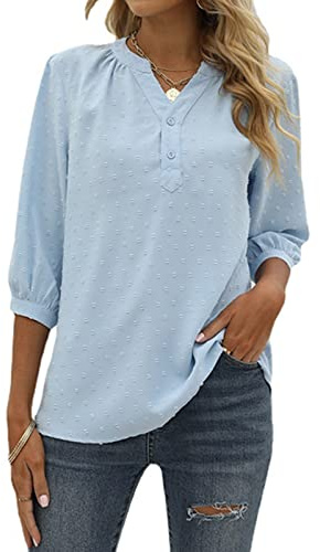 MINTLIMIT Womens Blouses Casual 3/4 Sleeve Swiss Dot Button V Neck Tunic Tops Spring Summer Blouse Shirts
