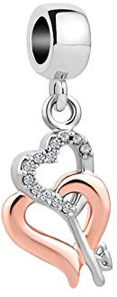 SBI Jewelry Breloque double cœur en or rose compatible avec bracelet Pandora pour couple épouse anniversaire anniversaire, Cuir Or rose Zircone cubique Cuivre, Pas de gemme