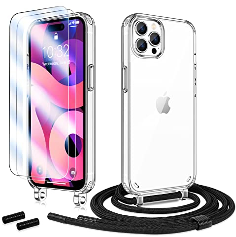 Anshow Handykette für iPhone 15 Pro Hülle mit Band + 2 Schutzfolie, Robust Necklace Extrem Stoßfest Handyhülle iPhone 15 Pro Case Transparent Schutzhülle zum Umhängeband Abnehmbar, Schwarz
