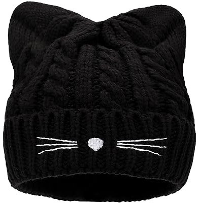 LUCKYBUNNY Damen Mädchen Niedliche Katzenohren Beanie Mütze Winter Häkeln Strickmütze, Gestrickte Katzenohren Stil - Schwarz, Einheitsgröße