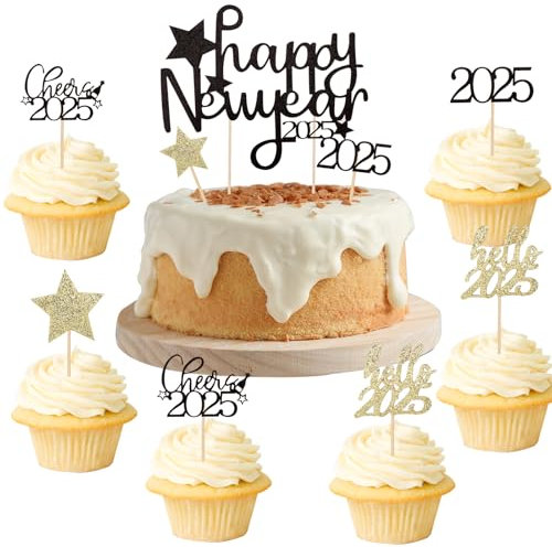 ALEGRE Silvester Deko 2025 Tortendeko 9 Stück Happy New Year Tortendeko,Hello 2025 Cake Topper Schwarz Gold Kuchendeko Neujahr,Stern Cupcake Topper für 2025 Neujahr Deko