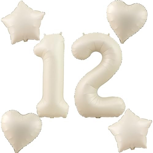 Beige Luftballons Zahl 12+4 pcs herz/stern Folienballon Zahl 12 .Geburtstag mädchen,40 Riesenzahl Ballons 12.geburtstagsdeko Jungen,Zahlenballon 12, Helium Ballons 12 Zahlen Luftballons