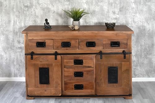 SAM Sideboard Libro II, Akazienholz massiv + nussbaumfarben, Kommode mit 2 Holzschiebetüren, 7 Schubladen & 2 offenen Fächern, Türelemente, Griffe & Reling aus Eisen, 150 x 90 x 45 cm