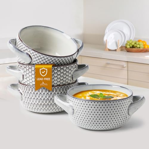 MONITO Französische Zwiebel-Suppenschüsseln, 800 ml, 4 Stück, reaktive Glasur, Keramikschalen mit Griffen, stapelbare Suppentöpfe, ofen-/mikrowellen-/spülmaschinenfest, für Müsli, Nudeln, Chili