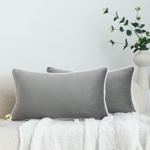 LIGICKY 2er Set Luxus Dekorative Kissenbezug Samt Weich Zierkissenbezüge Einfacher Rechteckiges Lendenkissen Kissenbezüge Deko Sofakissen für Wohnzimmer Couch Schlafzimmer Auto, Grau 30 x 50 cm