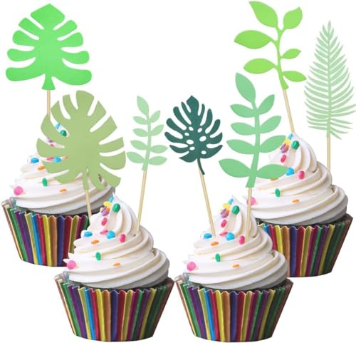 14Pcs Tropical Palm Leaves Cake Topper, Palm Leaf Jungle Themed Cake Decorations Jungle Greenery Cake Topper for Hawaiian Baby Shower Wedding Birthday Party Supplies