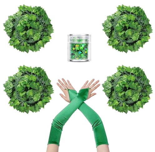 Miaija 6Pieces Halloween Green Ivy Costume Set Glitter Sequin Gloves with Fake Leaves Festival Outfit Accessories for Women and Girls Role Play