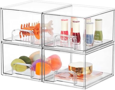 Suyoo 4 Pack Stackable Makeup Organiser Storage Drawers,4.4'' Tall Storage Bins Cosmetic Organiser Clear Acrylic Organiser for Vanity, Undersink, Bathroom, Skincare, Kitchen Cabinets