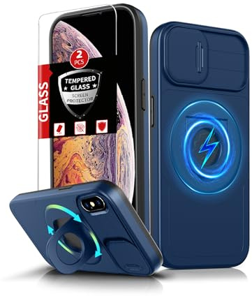 FRLMOOES for iPhone Xs Max Case Magnetic,with Kickstand Ring + Camera Cover | Compatible with MagSafe Wireless Charging,with 2 Screen Protectors,Anti-Scratch Shockproof Heavy Duty Protection Phone,Blue