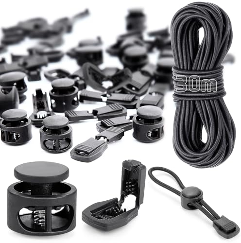 Cordon élastique de 30 m de long - 3 mm - Rond - Avec 40 bloqueurs - 20 chacun - 2 trous - Noir - Pour cordon de serrage, sac à dos, cordes à linge