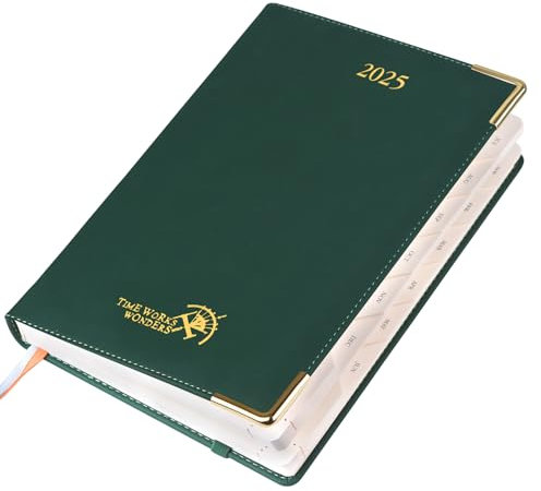 POPRUN Kalender 2025 Tagesplaner A5 Hardcover 21,5 x 14,5 cm (Jan.2025-Dez.2025), Tageskalender 1 Tag 1 Seite (Montag - Sonntag) mit PU-Leder, Monatliche Registerkarten - Waldgrün