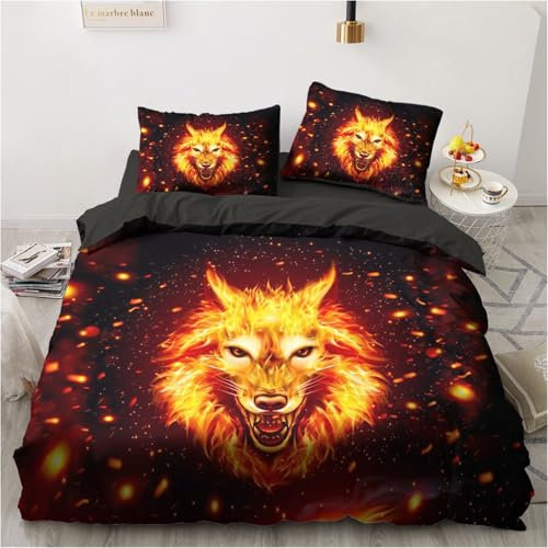 Wintdeer Bettwäsche 155x220cm 3-teilig, Flammen Wolf Bettwäsche-Sets, Bettbezug aus Mikrofaser mit 2 Kissenbezug 80x80cm, Versteckter Reißverschluss, Queen Size Bettwäsche Set