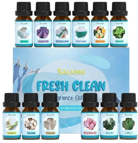 SALKING Oli Essenziali Pulito per Diffusori 12x10ml-Citronella, Agrumi, Cotone Fresco, Lino Fresco, Sapone Alla Ciliegia, Talco in Polvere, Aloe Vera, Lavanda, Detersivo per Bucato Alla Salvia, etc.