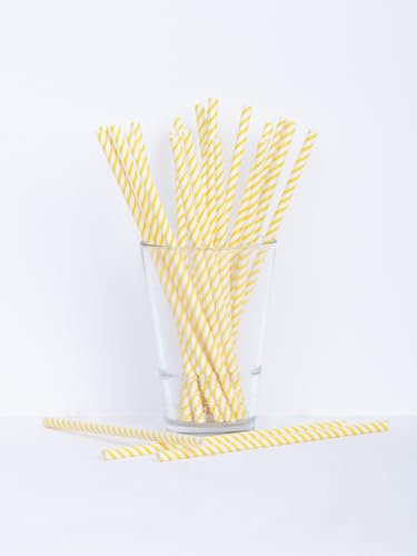 Lot de 25 pailles en papier Stripe - 100 % papier - Jetables - 19,7 cm - Biodégradables - Couleur : jaune
