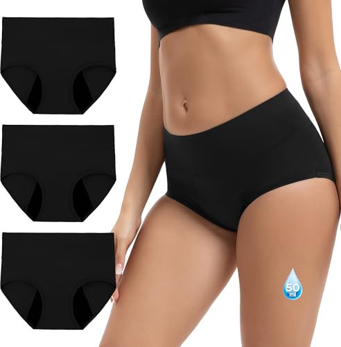 INNERSY Perioden Unterwäsche Starke Blutung Bambus Menstruationsunterwäsche Hohe Taille 3er Pack (44, 3 Schwarz)