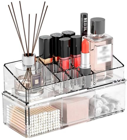 PAVSTINE Organizer Trucchi 2 Strati, Plastica Porta Profumi con 14 Scomparti, Porta Rossetti Smalti Organizer, Scatola per Trucco Adatto per Toilette da Trucco, Bagno, Trasparente