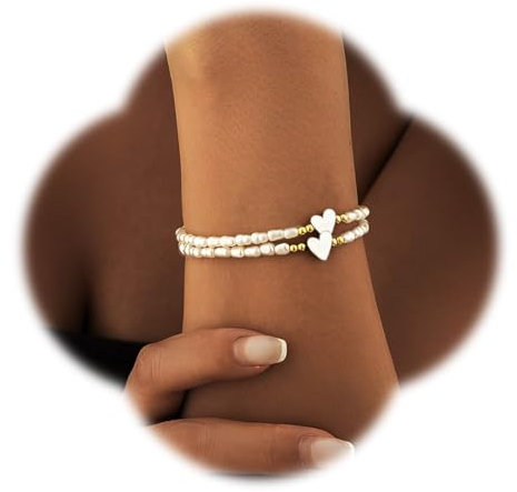 SULIUDAJI 2 Stück 14K Women'S Pearl Bracelet, Heart Pearl Bracelet, Perlenarmband, Freshwater Pearls, Heart Bracelet, Bracelet Made Of Gold And Silver Pearls, Suitable For Women, Girls, Birthday
