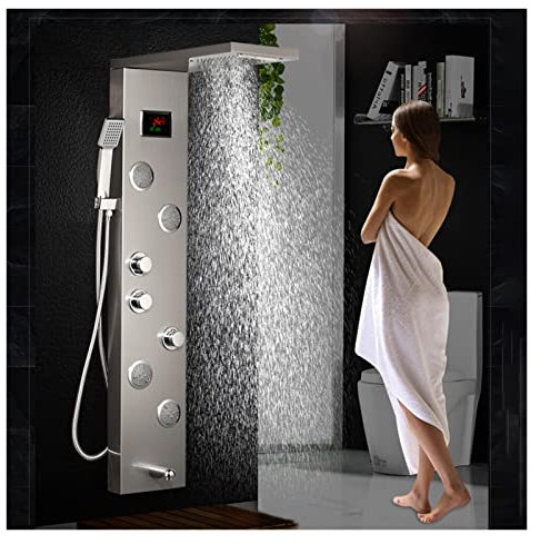 Système de mitigeur de douche Panneau de douche à LED Cascade Pluie Affichage numérique Ensemble de robinet de douche Jet de massage SPA Colonne de salle de bain Mélangeur Robinet Système de tour