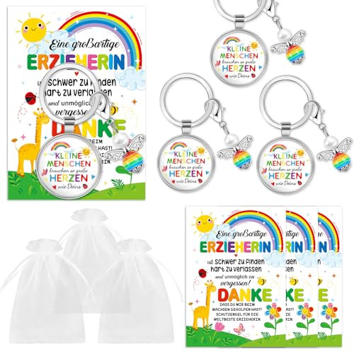 HOWAF 3 Pack Abschiedsgeschenk Erzieherin, Schutzengel Schlüsselanhänger Erzieherin mit Herz & Karte, Organza Beutel für Kindergarten Abschiedsgeschenk, Erzieher Geschenk Lehrerin Abschied, B
