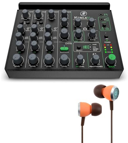 Mackie MobileMix Mobiler 8-Kanal Analog-Mixer Mischpult mit Audiofly Ohrhörer