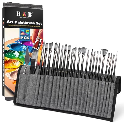 H&B 25pcs Professional Paint Brushes Set for Acrylic, Oil, Watercolor - Synthetic Hair Artist Brushes with Fine Detailing - Canvas, Wood, Ceramics Kit (Black)
