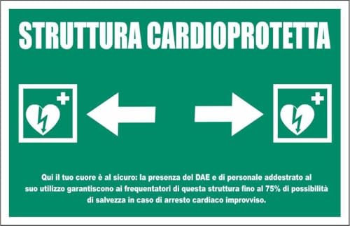 CARTELLO SEGNALETICO - DEFIBRILLATORE DAE CON INDICAZIONE SITO CARDIOPROTETTO - Adesivo Extra Resistente, Pannello in Forex, Pannello In Alluminio (Adesivo, 10x15 cm)