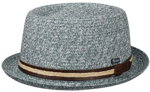 Lipodo Chapeau en Paille Carignano Pork Pie Homme - Made in Italy de Soleil avec Bandeau Cuir, Ruban Gros Grain Ete Printemps-ete - S (54-55 cm) petrole