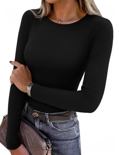 Aottori T Shirt Femme Côtelé Col Rond Haut Manches Longues Extensible Uni | Sensation souple extensible; Manches longues; Col rond et maille côtelée; Avec jean pantalon ou jupe; Bureau et quotidien