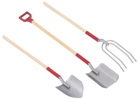 Generic Miniature Shovel Set, Dollhouse Gardening Tools with Pitchfork and Shovel, Sturdy Alloy Wooden Handle Multi Purpose Garden Tools for Miniature Scenes, Photography Props