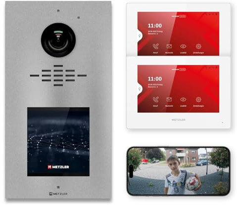 Metzler Video Türsprechanlage mit Full-HD Kamera und 2 Innenstationen Graualuminium RAL 9007 vandalismussicheres Touchdisplay mit RFID Nachtsicht App-Steuerung für 1–500 Parteien VDM10 2.0 Horizon