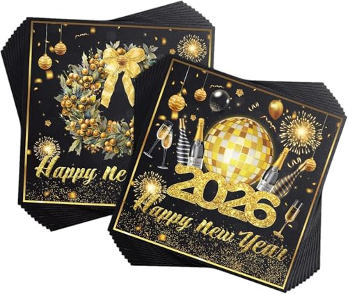 Servietten Silvester, 40 Stück Servietten Happy New Year 2026, Schwarz Gold Weihnachtsservietten Für Neujahr Party Dekora Silvester Tischdeko
