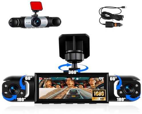 CAMECHO Dashcam a 3 Canali 1080P - Telecamera per Veicoli Anteriore Sinistra Destra, 3.16 Pollici Schermo Dashcam, Registrazione in Loop, Visione Notturna, Rilevamento del Movimento