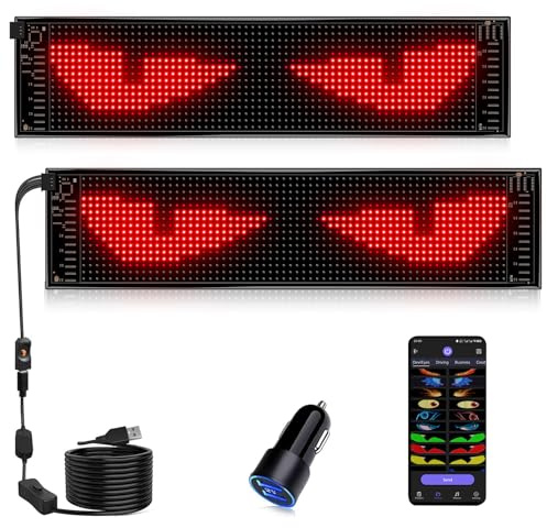 2 Unidades Pantalla LED Flexible Programable para Coche - 37x9,2cm Ojos LED con Sincronización Automática + Reloj Digital - Ojos de Diablo