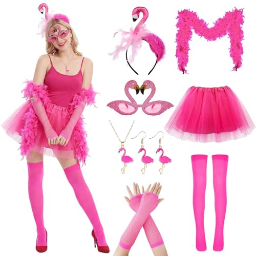 Flamingo Kostüm Damen - Flamingo Outfit mit Haarreif Rosa Tutu Rock Federschal Federboa Handschuhe Brille Ohrringe Halskette Karneval Kostüm Accessorie für Fasching Mottoparty
