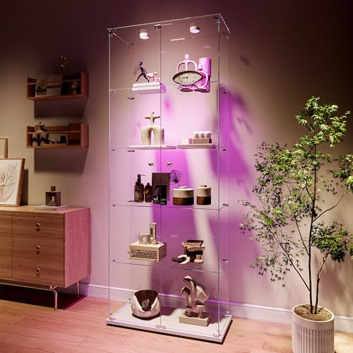 TIMORWTF Vitrine aus Glas, Vitrine für Sammlungen mit 5 Einlegeböden und 2 Türen, Hartglas, transparent, freistehend, mit LED-Lichtern, für Schlafzimmer, Wohnzimmer, Weiß