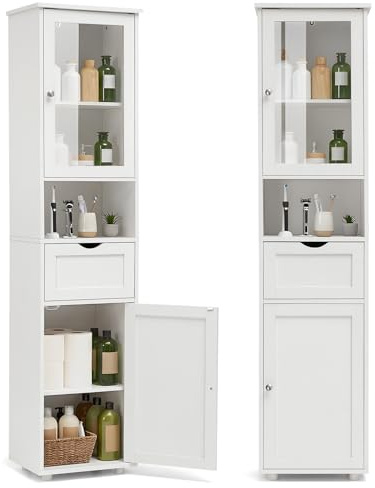HOKEEPER Badschrank Weiß | schmal, platzsparend, Hochschrank, Küchenschrank, Regal, mit Tür, für Badezimmer, für Küche