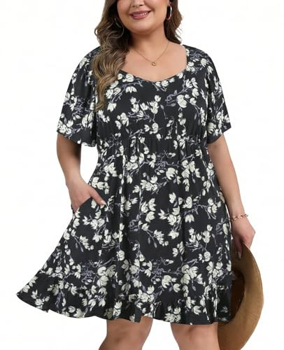 Women Plus Size Dress Ruffle Short Sleeve Sundress Sweetheart Neck Beach | Women Plus Size Summer Dress Casual Ruffle Short Sleeve Sundress Elegant Sweetheart Neck Dresses with Pockets for Beach Party