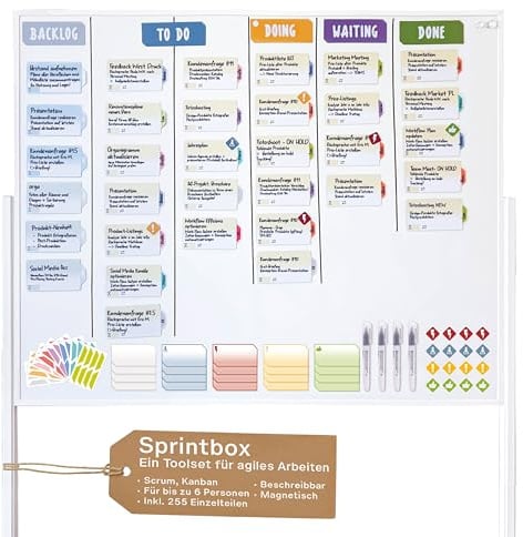 magnetoplan Sprintbox | Das Toolset für agiles Arbeiten | Inkl. 255 Einzelteilen | Enthält alles, was Ihr Projektteam für den Einstieg in Scrum oder Kanban benötigt | Sofort einsetzbar