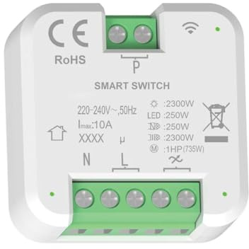 Modulo smart, interruttore WiFi, 220V 230V, portata massima 2300W, supporta programmazione orari, timer, scene personalizzate e monitoraggio consumo energetico, controllo APP smartphone, relè, switch