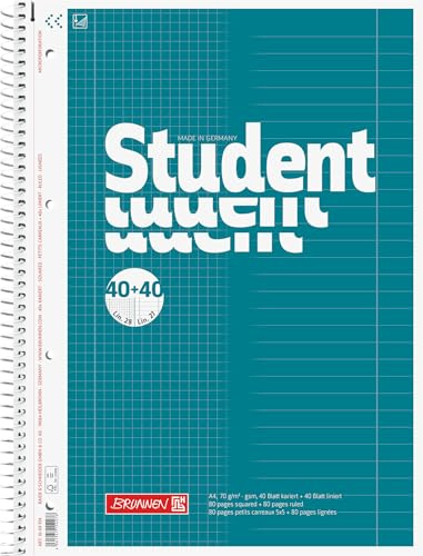 BRUNNEN Collegeblock Student „DUO“ | A4, kariert/liniert, 80 Blatt, petrol