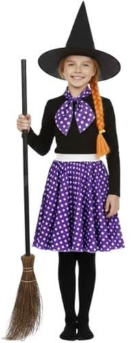 LOVETRENDS Childs Kind Book Witch Costume Set with Broomstick, Witch Hat, Polka Dot Skirt, Ginger Plait Hair & Magic Wand for World Book Day and Dress Up Play for Children