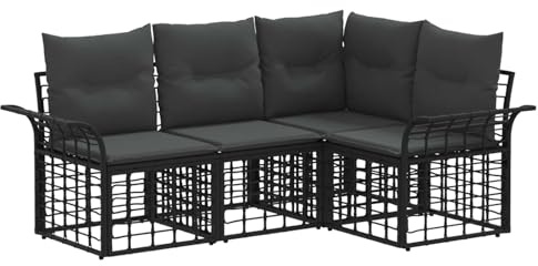 vidaXL Outdoor-Sofagarnitur 4 pcs Schwarz und Dunkelgrau Polyester, Modernes, wetterfestes, modulares Outdoor-Sofa-Set, verstellbare Füße, Bequeme Gartenmöbel
