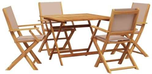Qnhdfrt 5-TLG. Garten-Essgruppe aus massivem Akazienholz und Stoff in Taupe - Klappbare Gartengarnitur mit quadratischem Gartentisch 90x90 cm und 4 Klappstühlen für Terrasse und Balkon