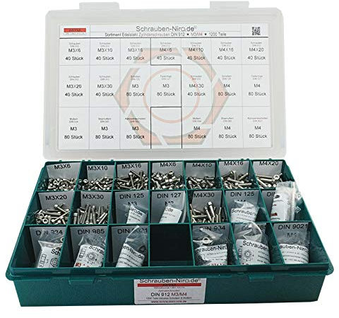 Sortiment M3 + M4 DIN 912 Edelstahl A4 (V4A) Zylinderschrauben (Innensechskant) - Set bestehend aus Schrauben, Unterlegscheiben (DIN 125, 127, 9021) und Muttern (DIN 934, 985) - 1200 Teile