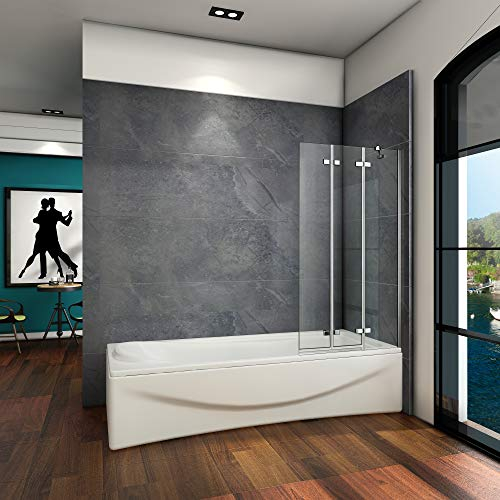 AICA Badewannenaufsatz Duschabtrennung 100x140cm 3-teilig Badewannenfaltwand Duschwand für Badewanne Faltbar 6mm ESG Sicherheitsglas