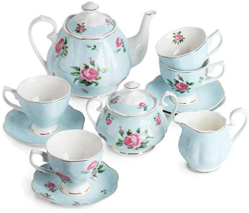 BTaT- Floral Teeset, Teetassen (8oz), Teekanne (32oz), Milchkännchen und Zucker-Set, Geschenkbox, China Teeservice für Frauen, Untertasse, Teeset Erwachsene, 4 Set, Porzellan