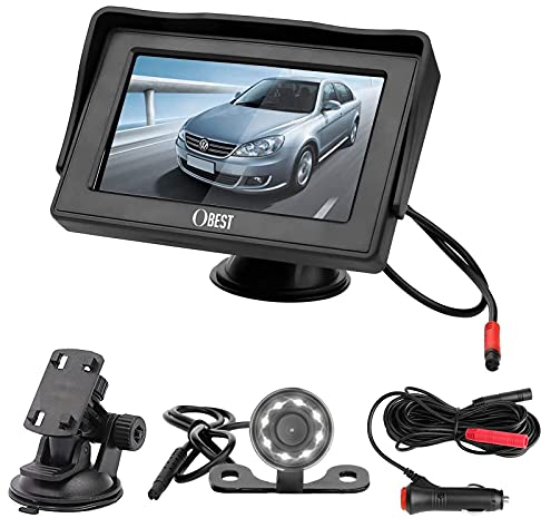 OBEST Cámara de Marcha Atrás Coche y Kit de Monitor 4.3, Visión Nocturna Cámara Visión Trasera Aparcamiento Coche y Pantalla Set, Gran Angular 170° Impermeable IP67 para Auto 12V, Fácil de Instalar
